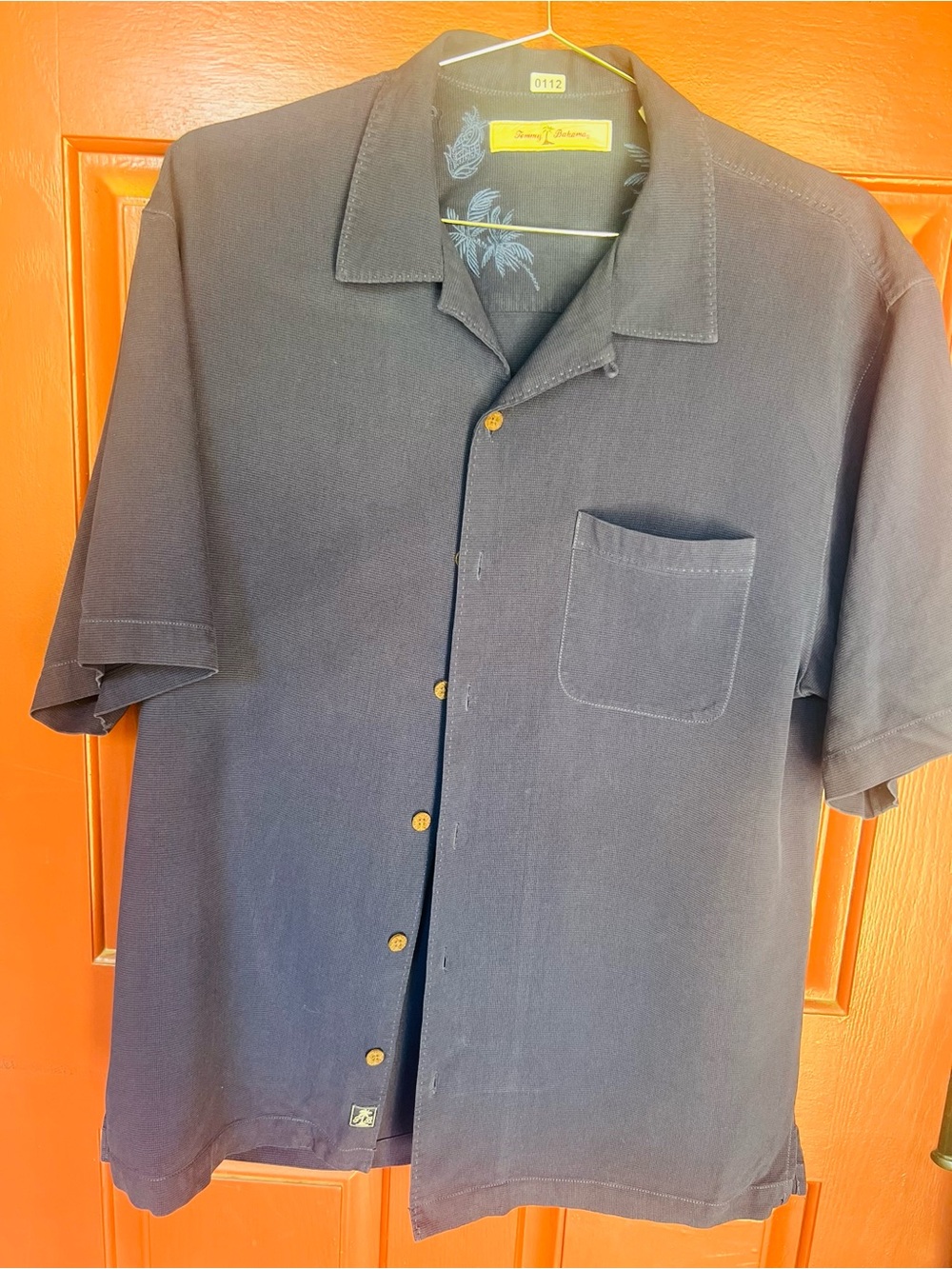 Tommy Bahama Dark Blue Textured Camp Shirt with Subtle Palm Print
